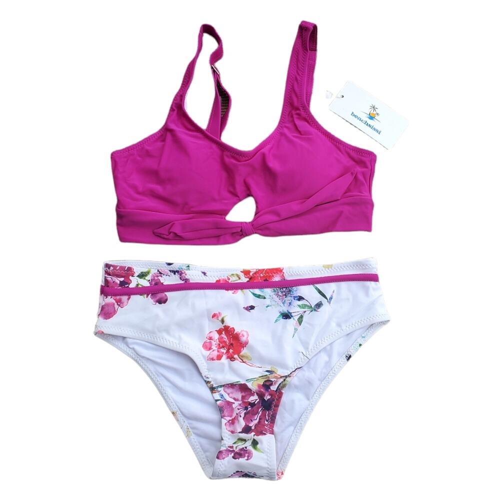 🔥NEW BEACH SISSI BIKINI SWIM SET KEYHOLE CUTOUT TWIST FRONT PURPLE FLORAL SMALL